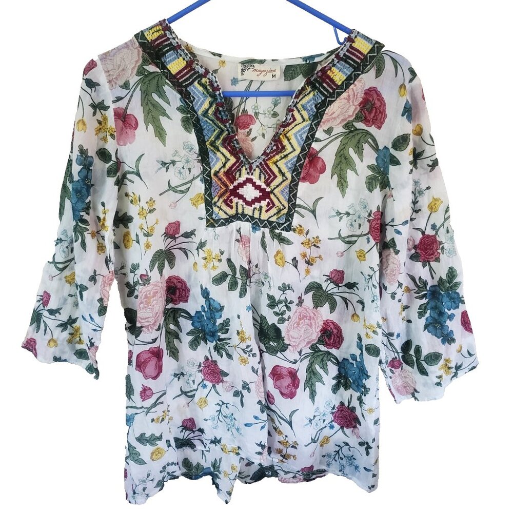 Women Floral Semi Sheer Top Size M Embroidered Boho Fairy Cottage Peasant Hippie